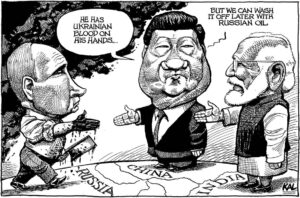 China and India shake hands with a bloody Putin of Russia