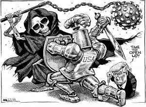 Kal Baltimore Sun Cartoon death versus USA Trump want to open up economy