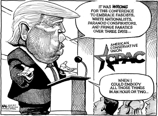 The former President addresses the CPAC conference in Texas.

My most recent from The Baltimore Sun.

#CPAC #satire #cartoon #Trump2024 #Trump